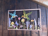 COLOURED METAL HUMMINGBIRDS FLORAL RECTANGULAR WALL PLAQUE