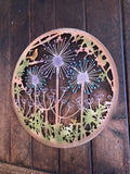 COLOURED METAL BIRD & ALIUM FLOWERS GARDEN WALL PLAQUE
