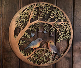 COLOURED METAL LOVE BIRDS TREE LEAF GARDEN WALL PLAQUE