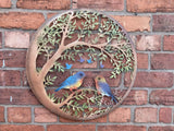 COLOURED METAL LOVE BIRDS TREE LEAF GARDEN WALL PLAQUE