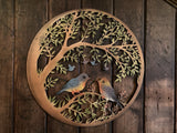 COLOURED METAL LOVE BIRDS TREE LEAF GARDEN WALL PLAQUE