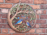 COLOURED METAL LOVE BIRDS TREE LEAF GARDEN WALL PLAQUE