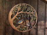 COLOURED METAL LOVE BIRDS TREE LEAF GARDEN WALL PLAQUE