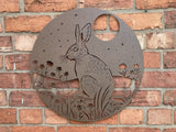 BROWN METAL HARE & MOON WALL ART GARDEN PLAQUE