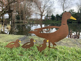 SET OF 4 METAL RUST EFFECT DUCK & DUCKLING GARDEN STAKES
