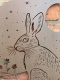 BROWN METAL HARE & MOON WALL ART GARDEN PLAQUE
