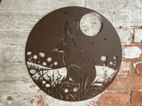 BROWN METAL HARE & MOON WALL ART GARDEN PLAQUE