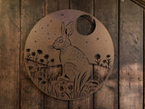 BROWN METAL HARE & MOON WALL ART GARDEN PLAQUE