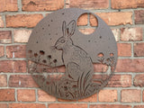 BROWN METAL HARE & MOON WALL ART GARDEN PLAQUE