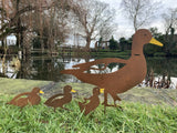 SET OF 4 METAL RUST EFFECT DUCK & DUCKLING GARDEN STAKES