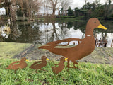 SET OF 4 METAL RUST EFFECT DUCK & DUCKLING GARDEN STAKES