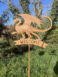 METAL RUST EFFECT WELSH DRAGON WELCOME SIGN STAKE GARDEN ORNAMENT