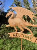 METAL RUST EFFECT WELSH DRAGON WELCOME SIGN STAKE GARDEN ORNAMENT