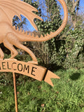 METAL RUST EFFECT WELSH DRAGON WELCOME SIGN STAKE GARDEN ORNAMENT