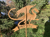 METAL RUST EFFECT WELSH DRAGON WELCOME SIGN STAKE GARDEN ORNAMENT