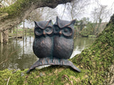 METAL CAST ALUMINIUM OWLS ON BRANCH  BIRDS STATUE GARDEN ORNAMENT