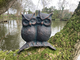 METAL CAST ALUMINIUM OWLS ON BRANCH  BIRDS STATUE GARDEN ORNAMENT