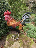 COLOURED METAL COCKEREL / ROOSTER BIRD STATUE GARDEN ORNAMENT