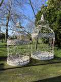 SET OF 2 SHABBY CHIC WHITE METAL HANGING GARDEN BIRD CAGES / PLANTERS