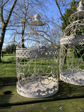 SET OF 2 SHABBY CHIC WHITE METAL HANGING GARDEN BIRD CAGES / PLANTERS
