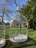 SET OF 2 SHABBY CHIC WHITE METAL HANGING GARDEN BIRD CAGES / PLANTERS
