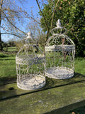SET OF 2 SHABBY CHIC WHITE METAL HANGING GARDEN BIRD CAGES / PLANTERS
