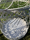 SET OF 2 SHABBY CHIC WHITE METAL HANGING GARDEN BIRD CAGES / PLANTERS