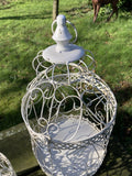 SET OF 2 SHABBY CHIC WHITE METAL HANGING GARDEN BIRD CAGES / PLANTERS