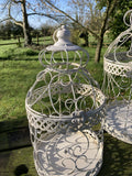 SET OF 2 SHABBY CHIC WHITE METAL HANGING GARDEN BIRD CAGES / PLANTERS
