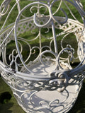 SET OF 2 SHABBY CHIC WHITE METAL HANGING GARDEN BIRD CAGES / PLANTERS