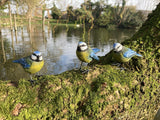 SET OF 3 SMALL RESIN BLUE TIT / BLUETIT BIRD GARDEN ORNAMENTS