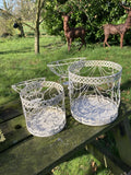 SET OF 2 SHABBY CHIC WHITE METAL HANGING GARDEN BIRD CAGES / PLANTERS