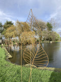 SET OF 3 RUSTY METAL LEAF PLANT SUPPORTS STAKES GARDEN DECORATIONS
