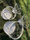 SET OF 2 SHABBY CHIC WHITE METAL HANGING GARDEN BIRD CAGES / PLANTERS
