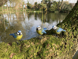 SET OF 3 SMALL RESIN BLUE TIT / BLUETIT BIRD GARDEN ORNAMENTS