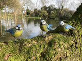 SET OF 3 SMALL RESIN BLUE TIT / BLUETIT BIRD GARDEN ORNAMENTS