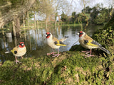 SET OF 3 SMALL RESIN GOLDFINCH BIRD GARDEN ORNAMENTS