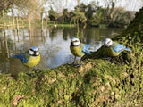 SET OF 3 SMALL RESIN BLUE TIT / BLUETIT BIRD GARDEN ORNAMENTS