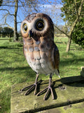 BROWN COLOURED METAL OWL BIRD STATUE GARDEN ORNAMENT
