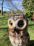 BROWN COLOURED METAL OWL BIRD STATUE GARDEN ORNAMENT
