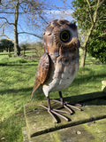 BROWN COLOURED METAL OWL BIRD STATUE GARDEN ORNAMENT