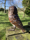 BROWN COLOURED METAL OWL BIRD STATUE GARDEN ORNAMENT