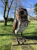 BROWN COLOURED METAL OWL BIRD STATUE GARDEN ORNAMENT