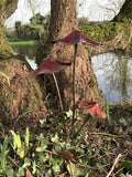 RED METAL LUSTRE  TOADSTOOL / MUSHROOM 3 CLUSTER STAKE GARDEN ORNAMENT
