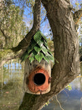 COLOURED METAL HANGING LEAFY BIRD HOUSE GARDEN ORNAMENT