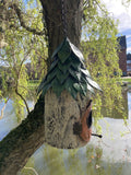 COLOURED METAL HANGING LEAFY BIRD HOUSE GARDEN ORNAMENT