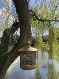 GOLD METAL HANGING LANTERN CANDLE HOLDER GARDEN / INDOOR ORNAMENT