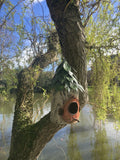 COLOURED METAL HANGING LEAFY BIRD HOUSE GARDEN ORNAMENT