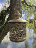 GOLD METAL HANGING LANTERN CANDLE HOLDER GARDEN / INDOOR ORNAMENT