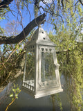 HANGING WHITE METAL / GLASS SQUARE LANTERN GARDEN / INDOOR ORNAMENT